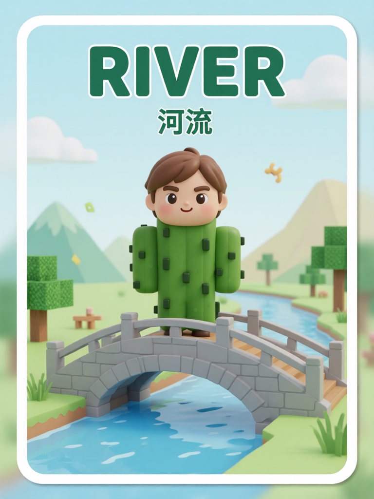 river 单词卡插画
