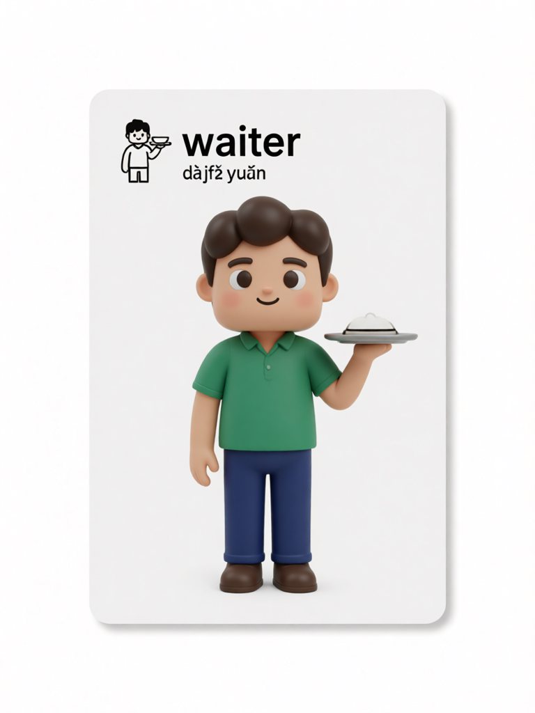 waiter 单词卡插画